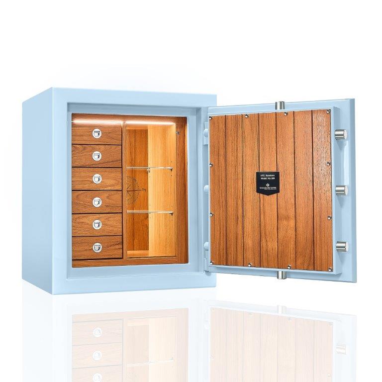 Prémiový trezor „Veterná ružica“ – trieda I, interiér teak, lesklá Aquablue